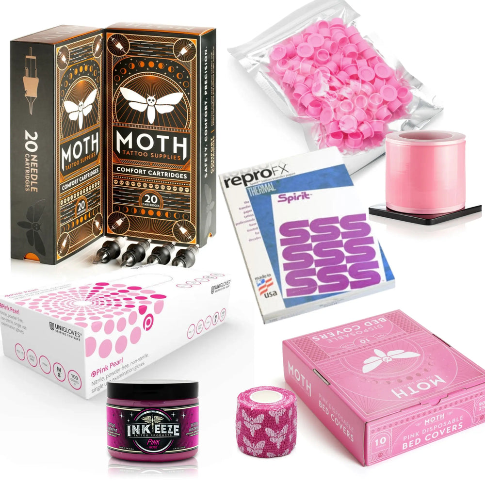 Pink Tattoo Studio Essentials Bundle with box of Moth Fine Liner cartridges, pink nitrile gloves, tattoo bed covers, barrier film, ink caps, grip wrap, INK-EEZE Pink Rose and Spirit stencil paper