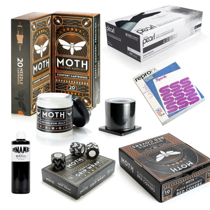 Tattoo Studio Essentials Bundle with Moth Fine Liner cartridges, black nitrile gloves, Dynamic Black Ink, Spirit stencil paper, petroleum jelly, barrier film, grip wrap and disposable bed covers on A WHITE BACKGROUND