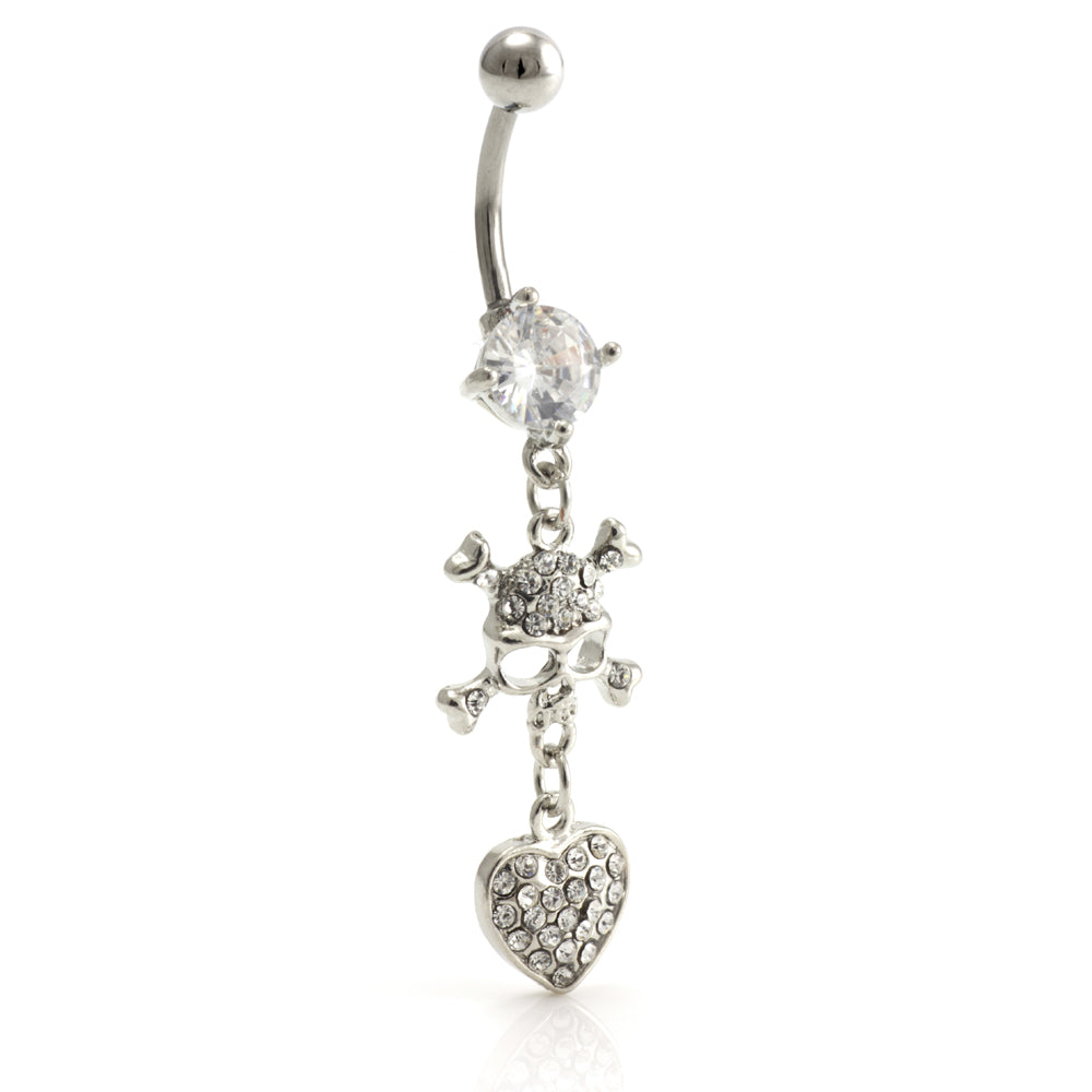 Hanging Skull and Heart Jewelled Belly Bar