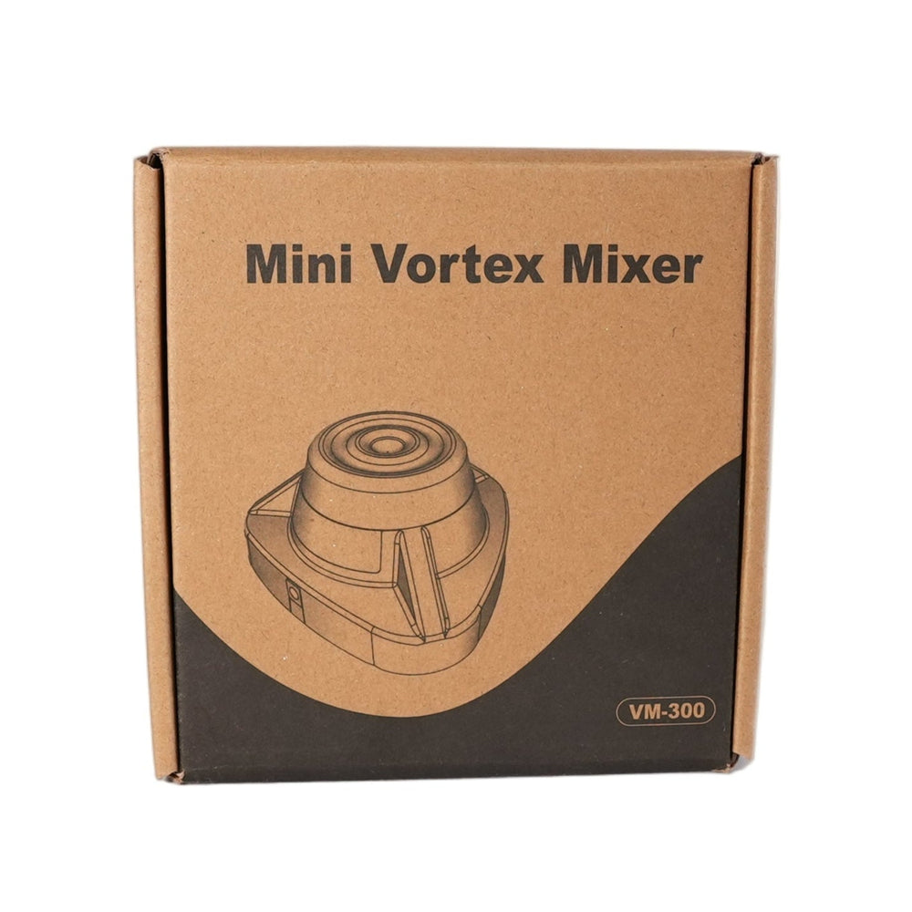 Cardboard box packaging for a Mini Vortex Mixer with a diagram on a white background