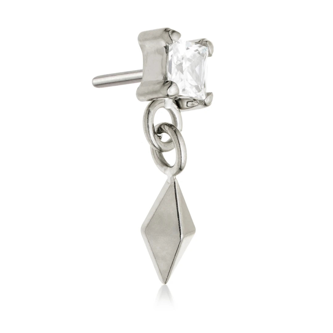 Ti Threadless Jewelled Square With Hanging Rhombus Charm