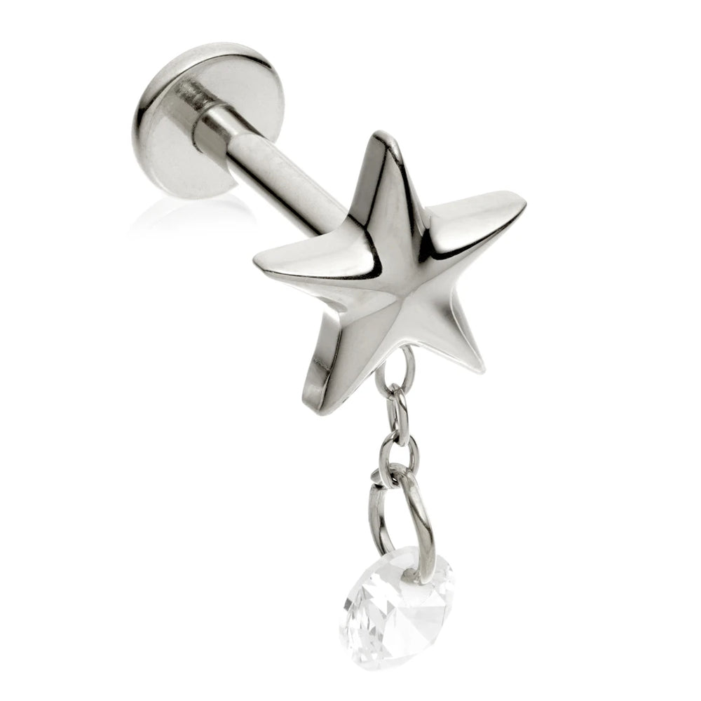 Ti Threadless Labret with Star and Hanging Gem Attachment