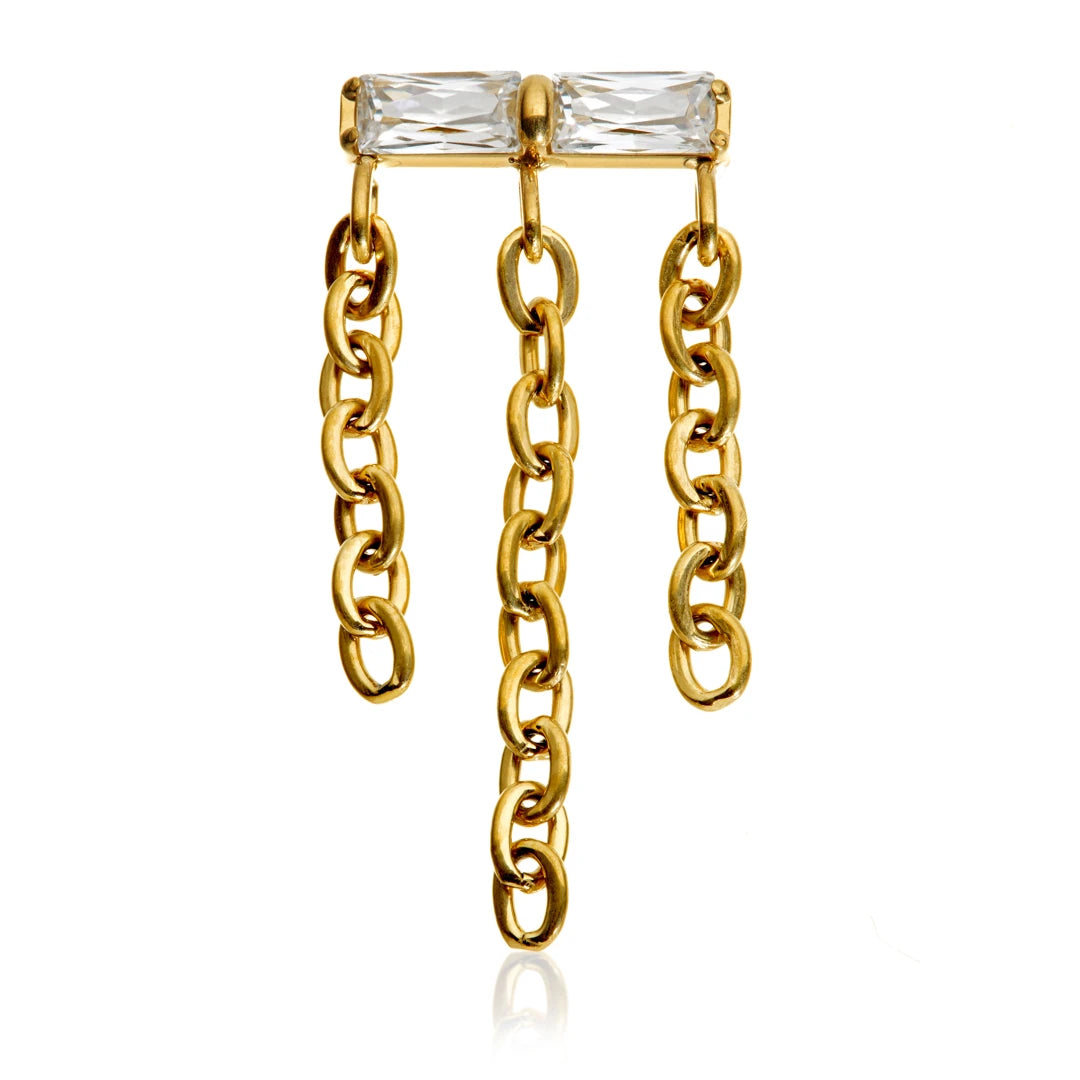 Gold PVD Ti Internal Double Jewelled Baguette With Hanging Chain Attachment