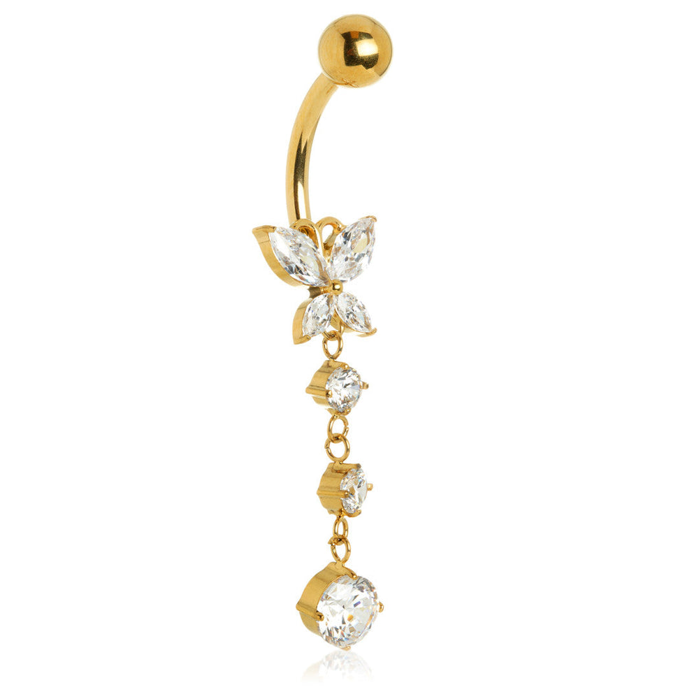 Zircon Gold Internal Threaded Titanium Butterfly Navel Bar with Hanging Gems
