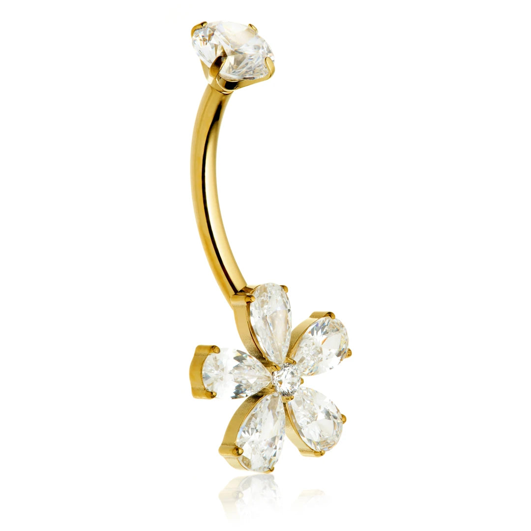 Gold PVD Ti Internal Jewelled Flower Navel Bar