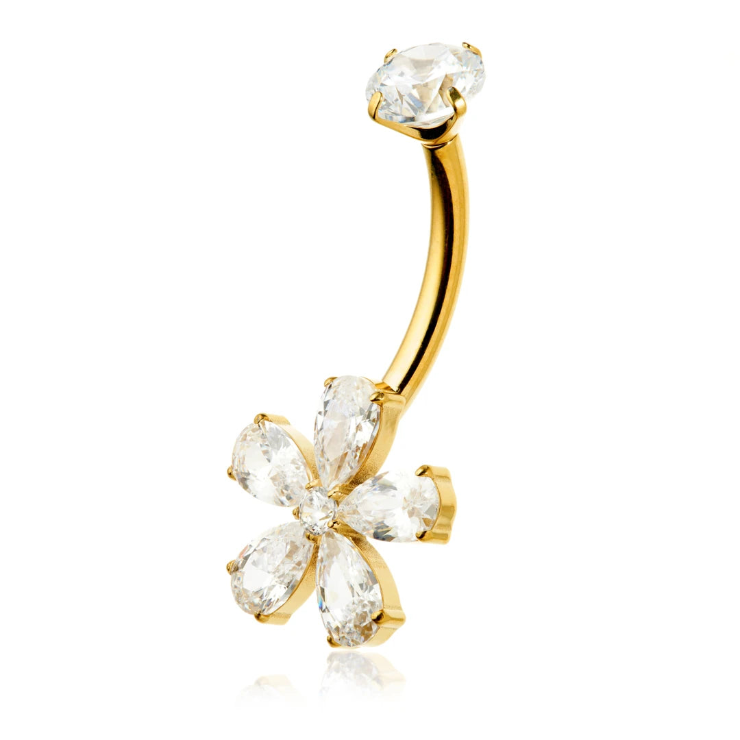 Gold PVD Ti Internal Jewelled Flower Navel Bar