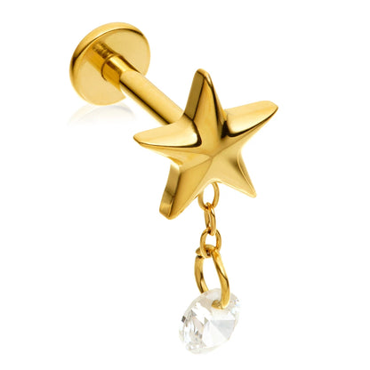 Gold PVD Ti Internal Labret with Star and Hanging Gem Attachment