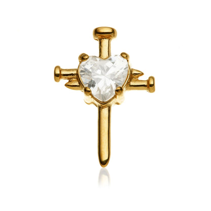 Gold PVD Ti Internal Jewelled Heart With Nail Cross Attachment