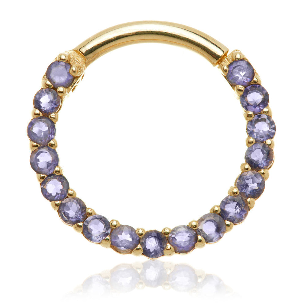 Solid 14ct Gold Iolite Pave Front Facing Hinge Daith Ring