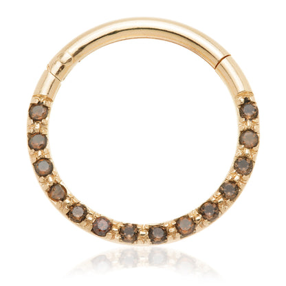 TL- 14ct Gold Front Facing Pave Smokey Quartz Hinge Ring