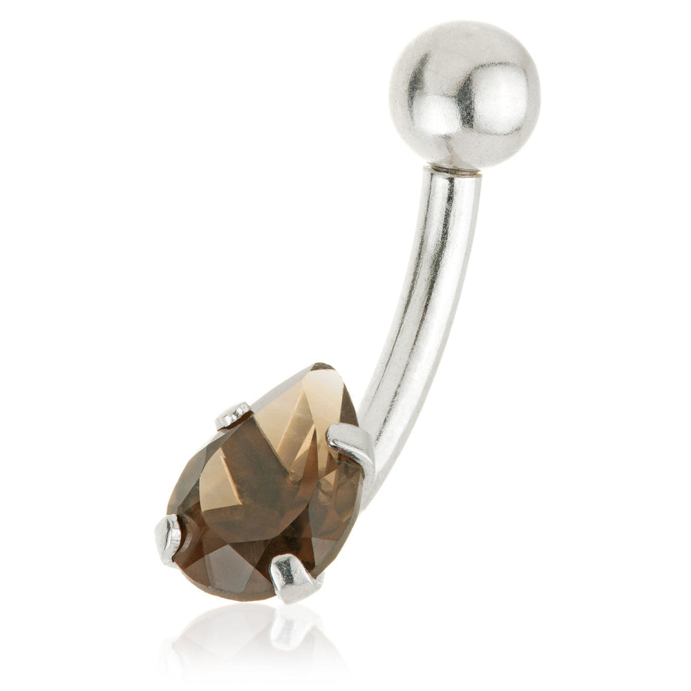 Solid 14ct Internal Gold Smokey Quartz Pear Navel Bar