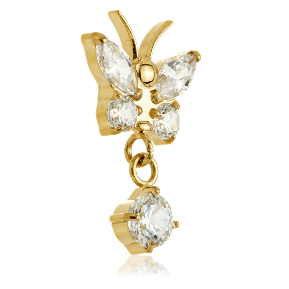 Zircon Gold Ti Threadless Butterfly With Hanging Gem Attachment