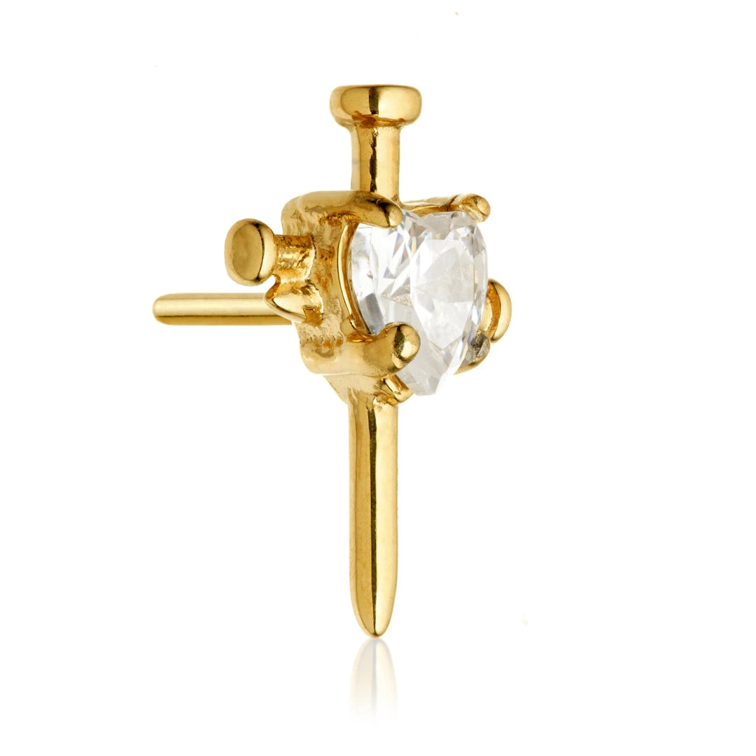 Gold PVD Ti Threadless Jewelled Heart With Nail Cross Attachment