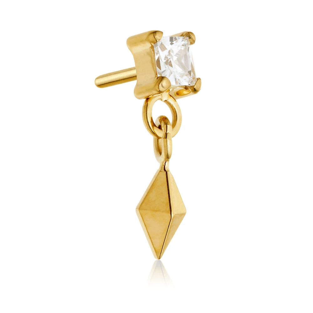 Gold PVD Ti Threadless Jewelled Square With Hanging Rhombus Charm