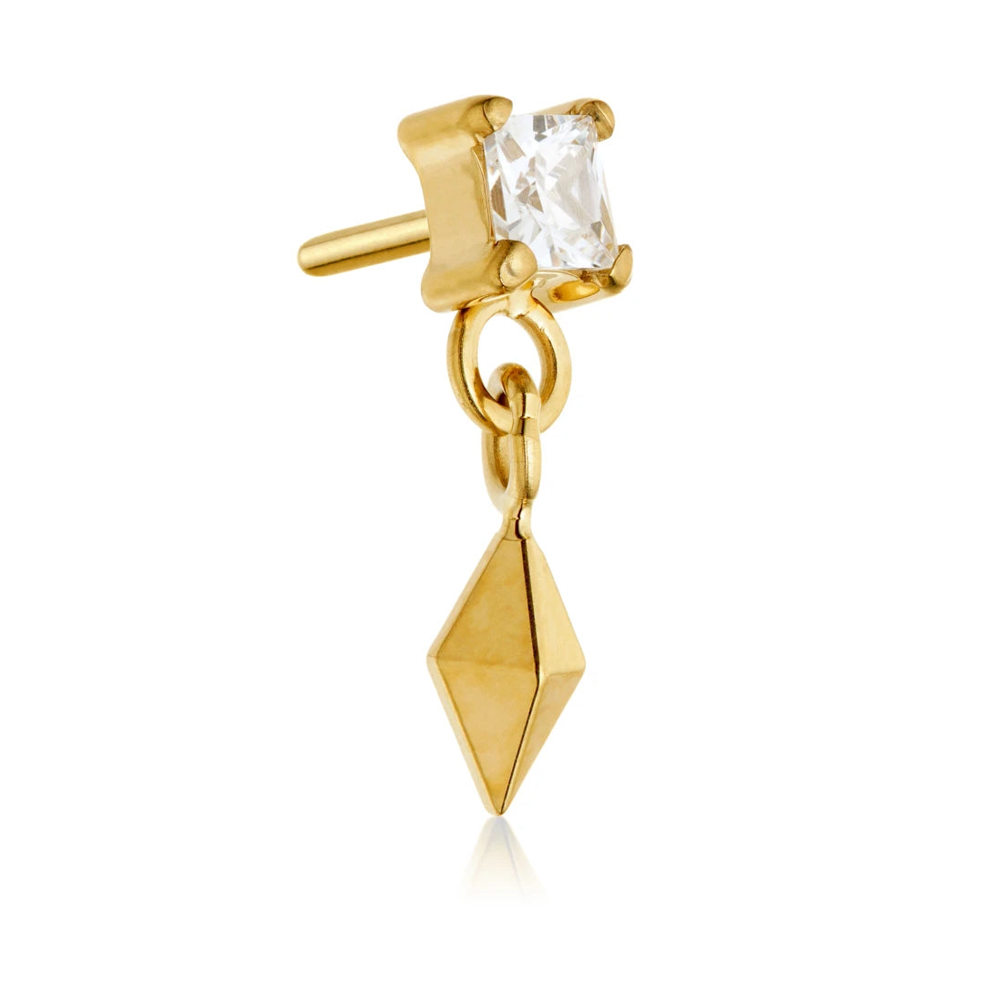 Gold PVD Ti Threadless Jewelled Square With Hanging Rhombus Charm