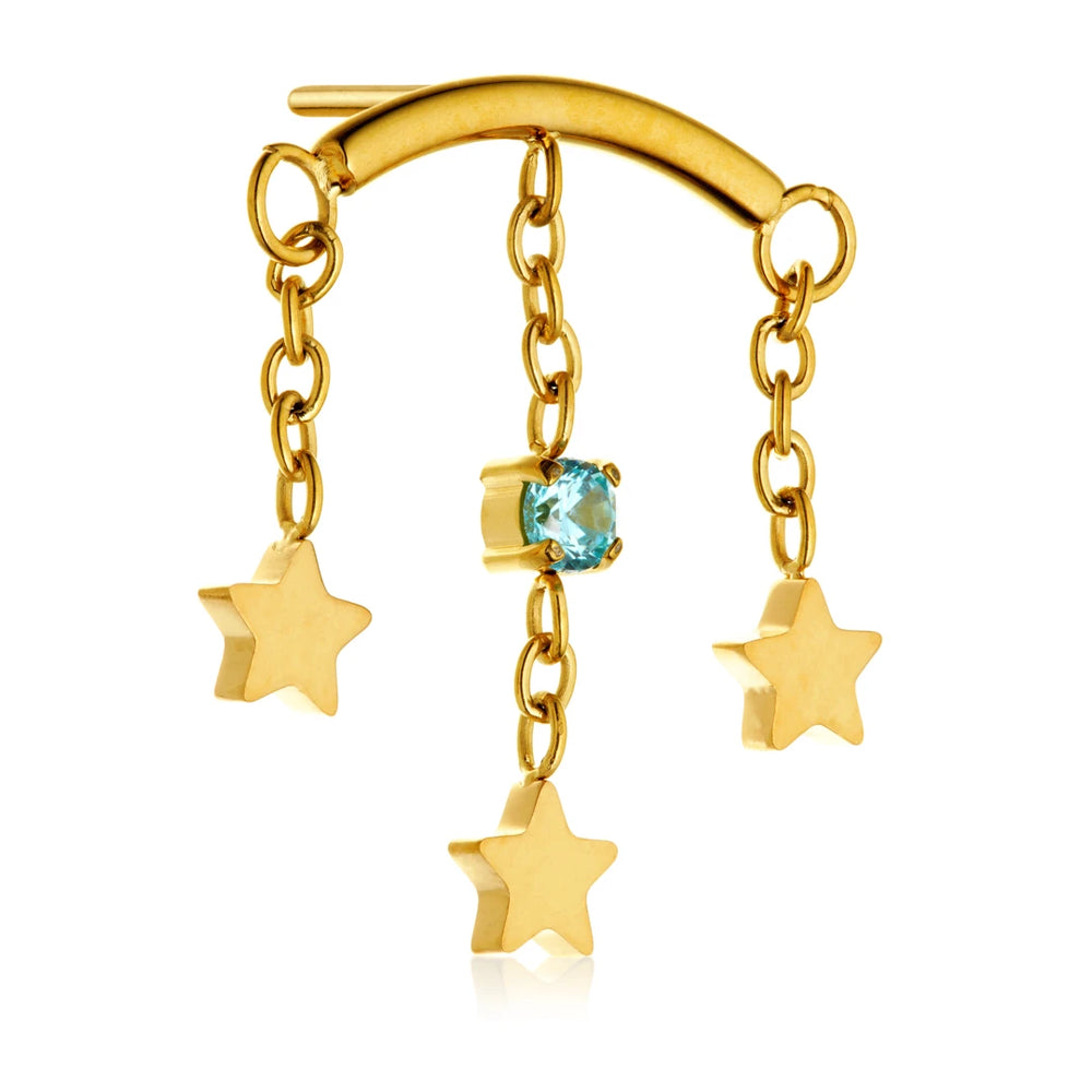 Gold PVD Ti Threadless Hanging Chain With Multi Star and Gem Attachment