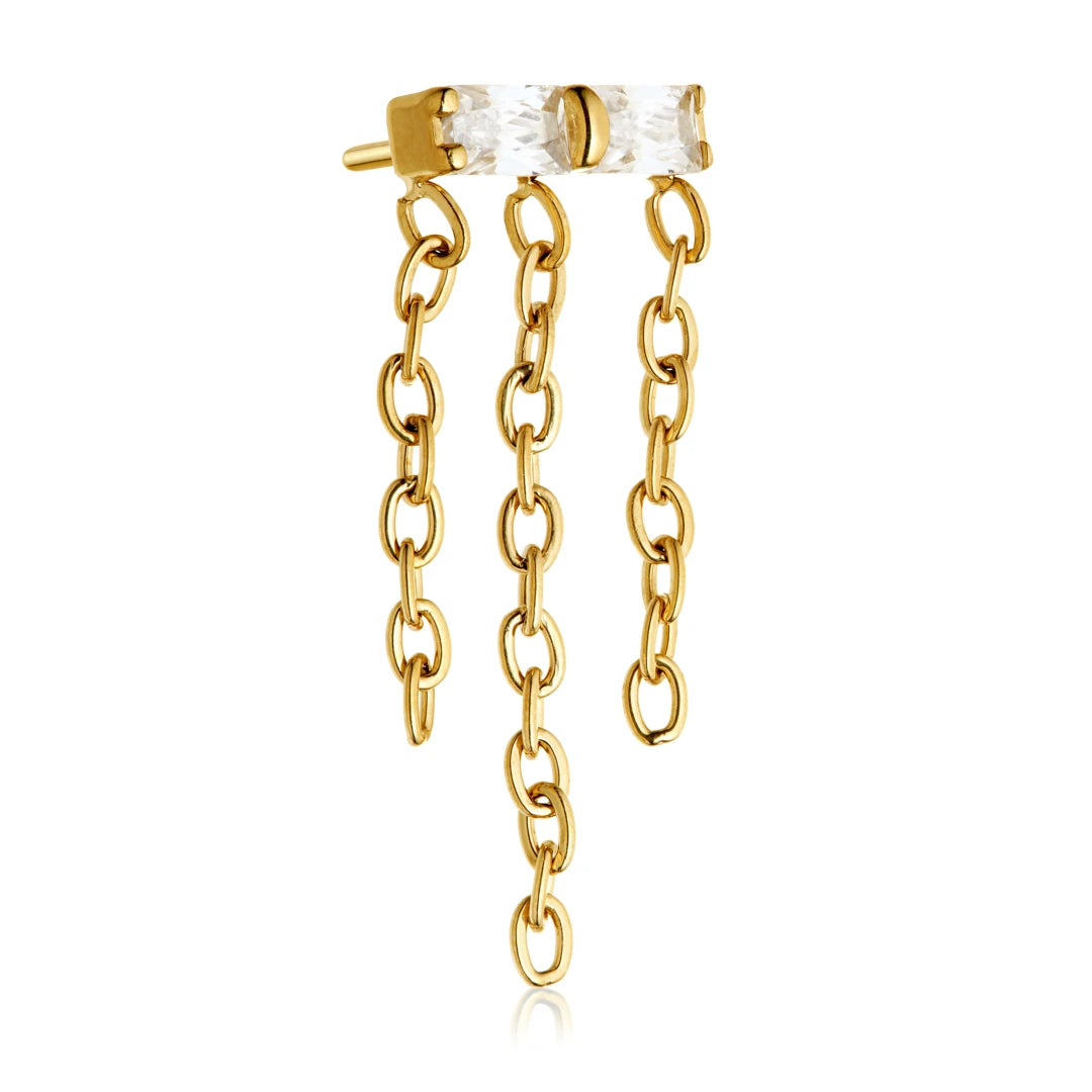 Gold PVD Ti Threadless Double Jewelled Baguette With Hanging Chain Attachment