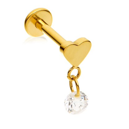 Gold PVD Ti Threadless Labret with Heart and Hanging Gem Attachment