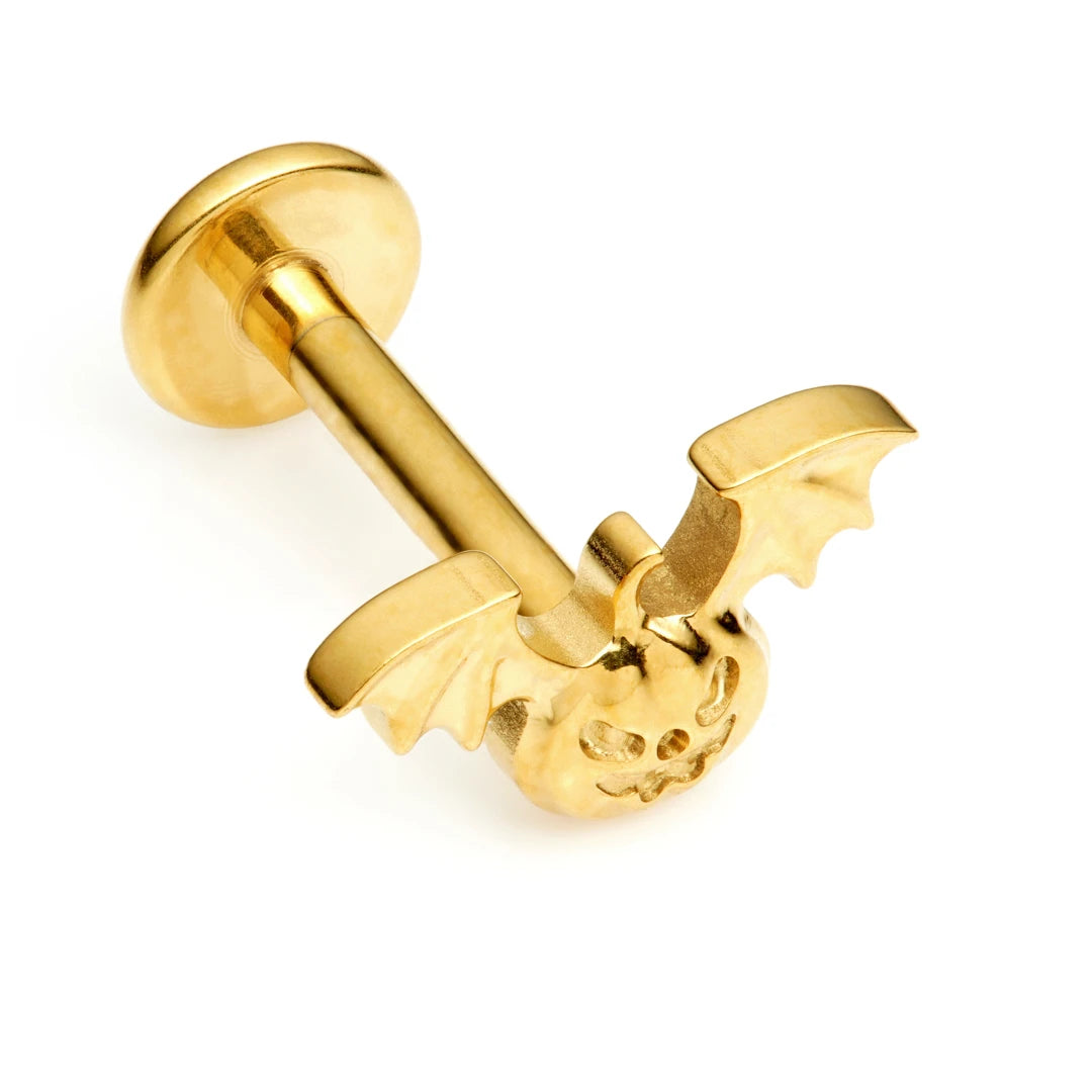 Gold PVD Ti Threadless Labret with Flying Pumpkin Attachment