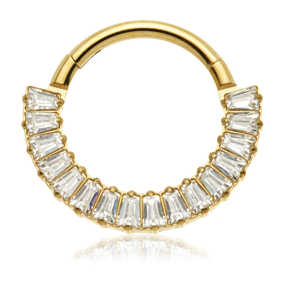 Zircon Gold Titanium Forward Facing Half Pave Baguette Gem Hinged Ring