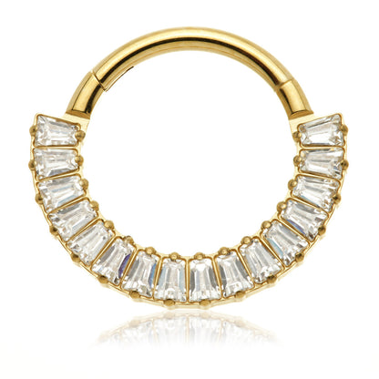 Zircon Gold Titanium Forward Facing Half Pave Baguette Gem Hinged Ring