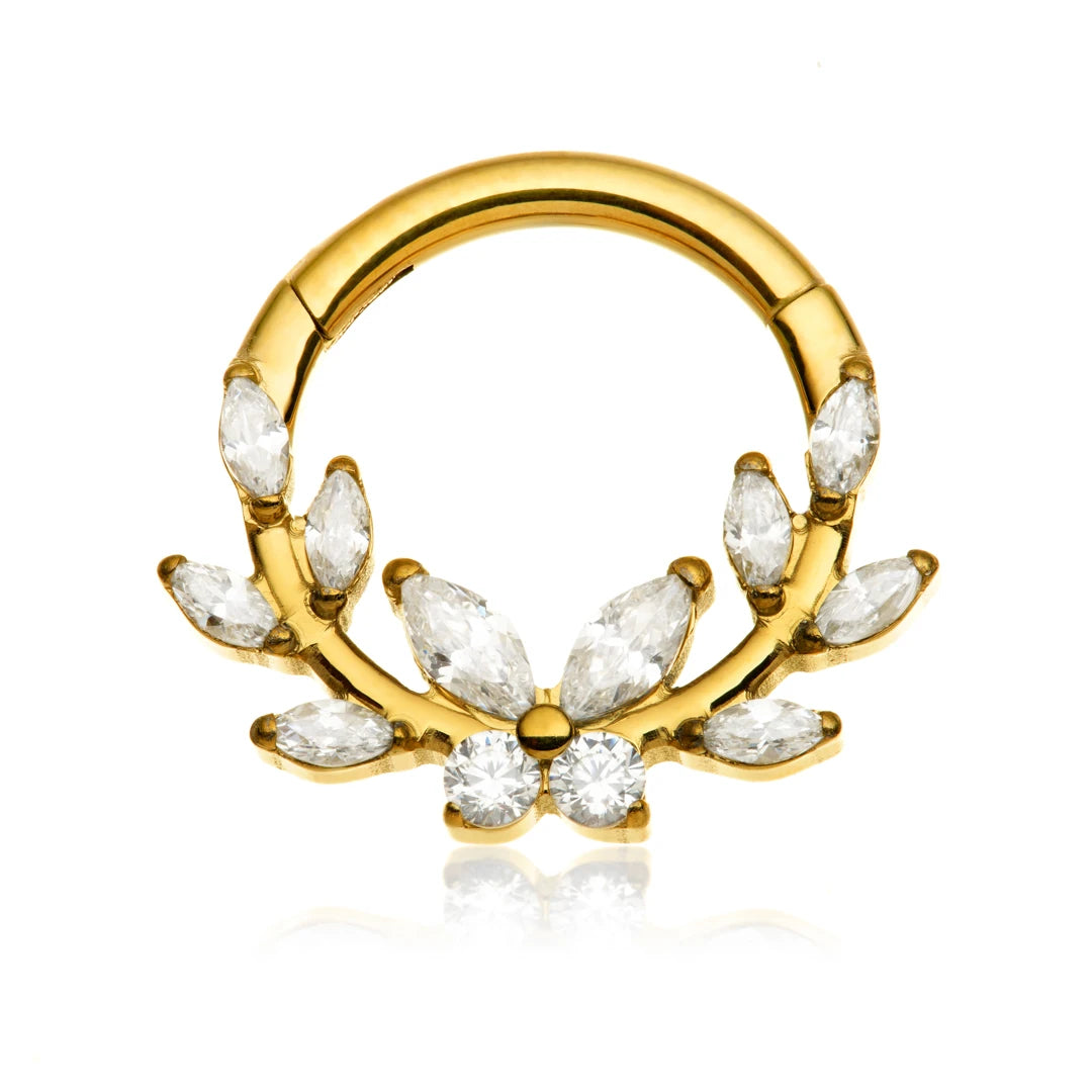 Gold PVD Titanium Jewelled Butterfly Leaf Hinged Ring