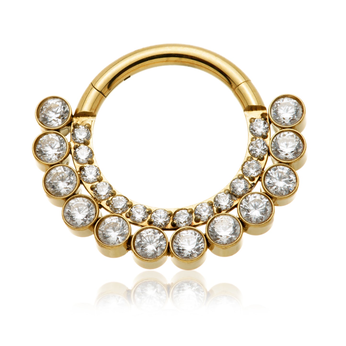Zircon Gold Titanium Front Facing Pave Gems with Gem Balls Hinged Daith / Septum Ring