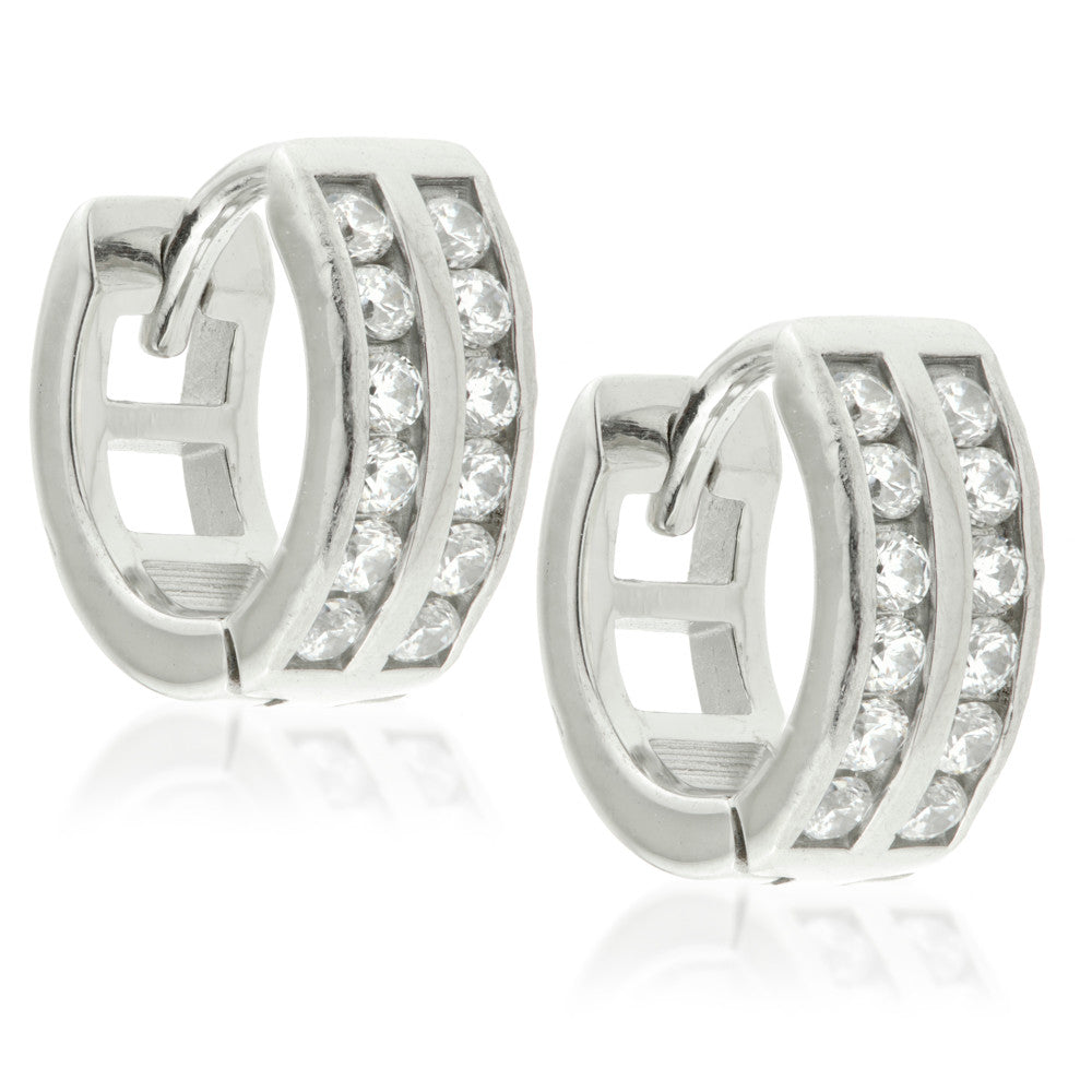 Double Pave Gem Tiny Steel Huggie Hoop Earrings (Pair)