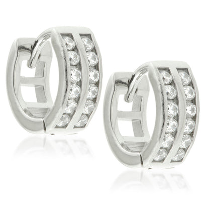 Double Pave Gem Tiny Steel Huggie Hoop Earrings (Pair)