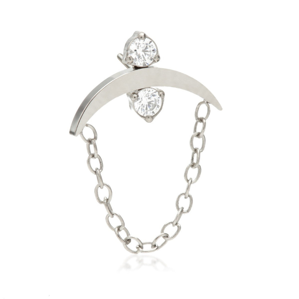 Ti Threadless Double Prong Gem Crescent Attachment with Hanging Chain