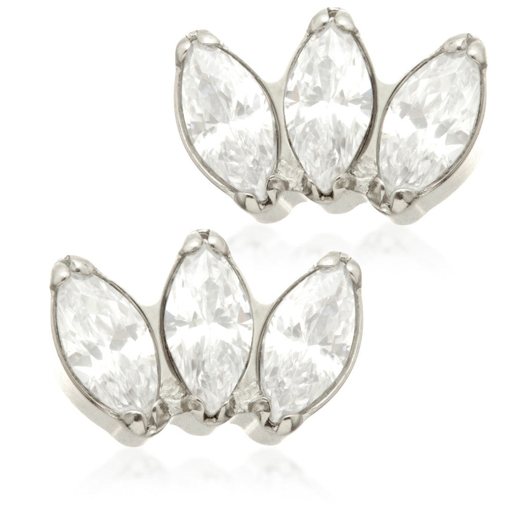 Titanium Threadless Stud Earrings with Triple Gem Marquise Attachment (Pair)