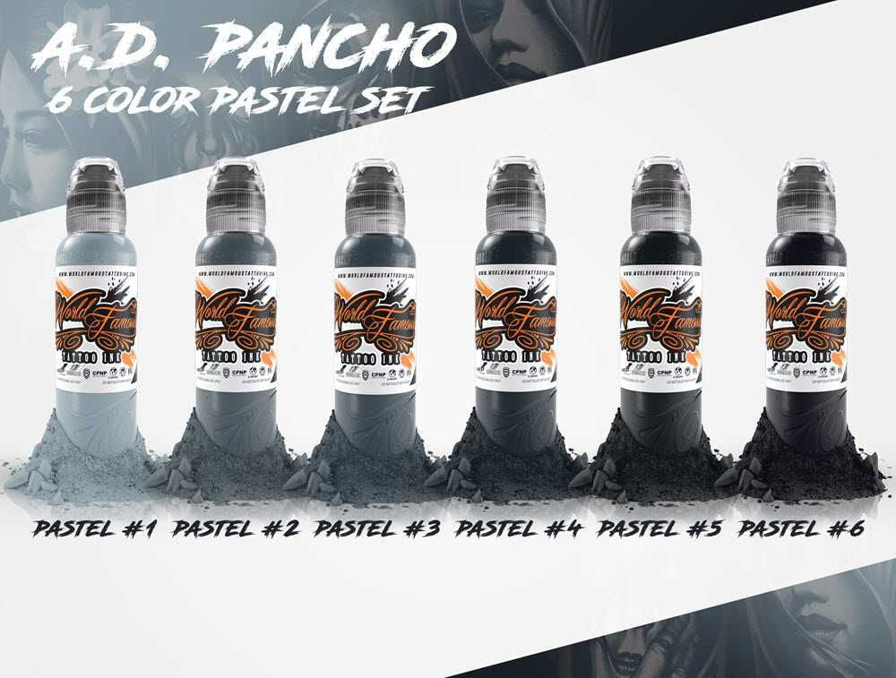 A.D. Pancho 6-Colour Pastel Greys Set - World Famous Tattoo Ink - 1oz