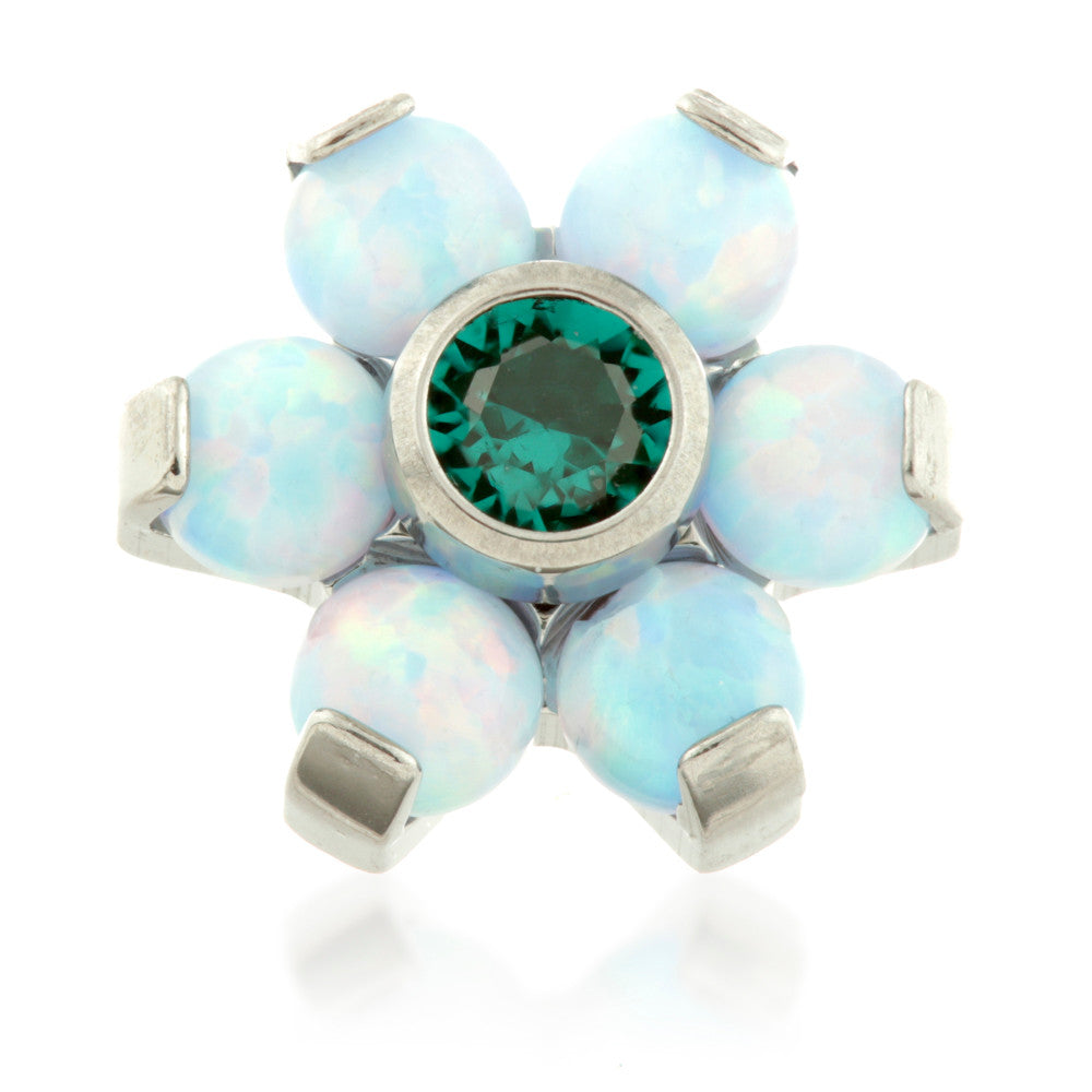 Titanium Blue Opal & Emerald Gem Centre Flower Dermal Top - 1.2mm