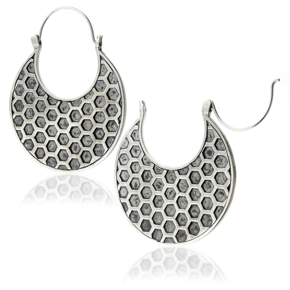 Silver Brass Hex Disk Earrings (Pair)