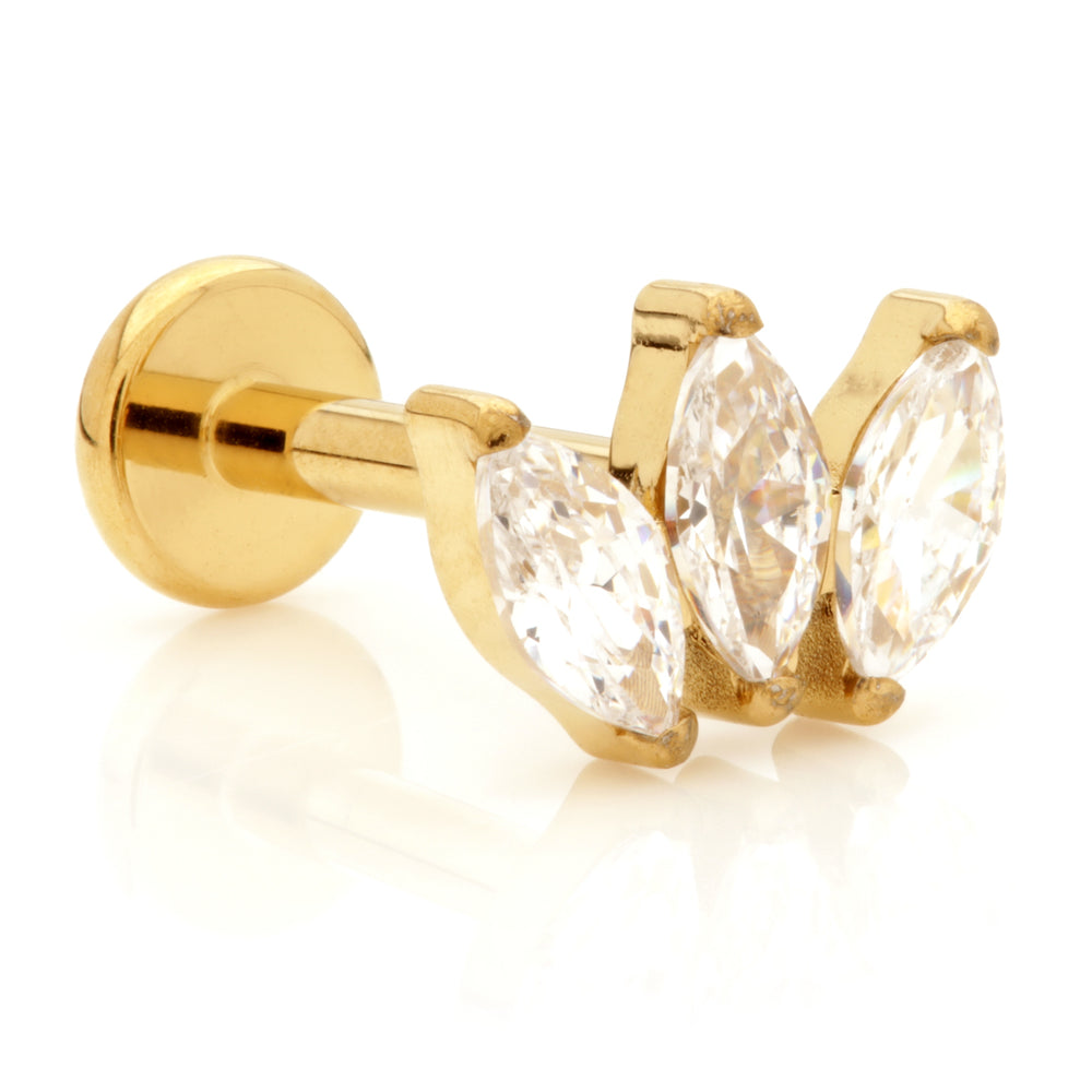Zircon Gold Ti Internal Labret with Jewelled Marquise Trio Attachment-1.2-7