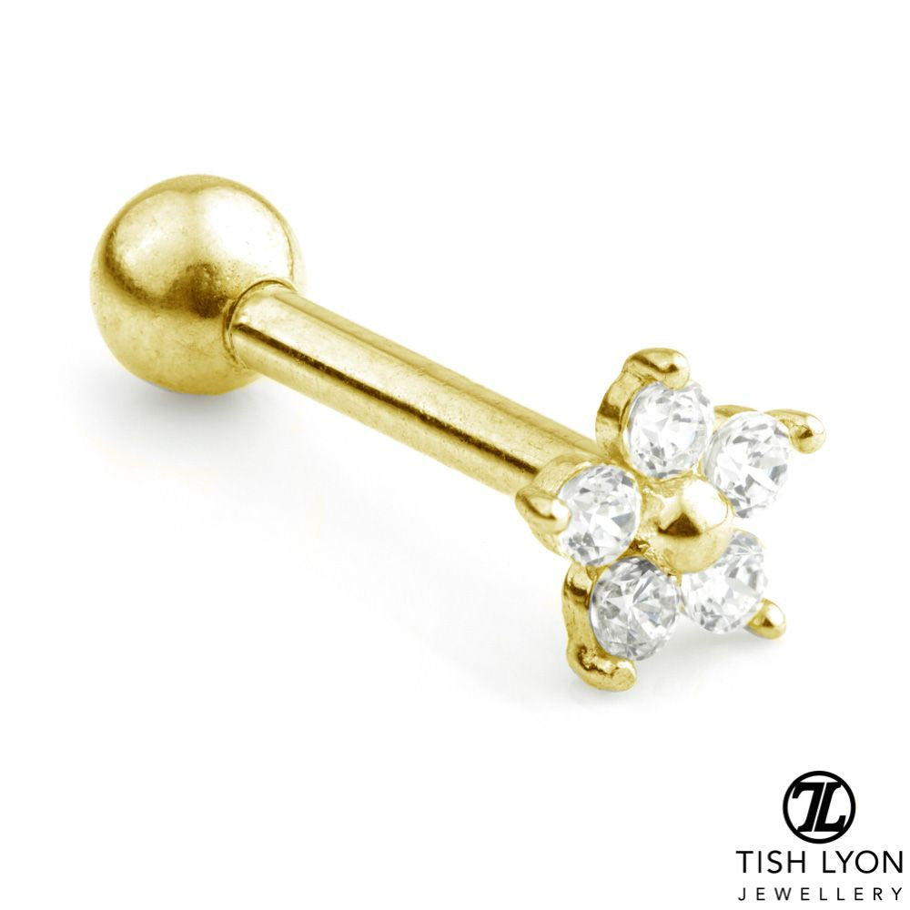 Flower Gem 14 Carat Gold Barbell Earring