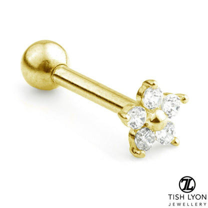 Flower Gem 14 Carat Gold Barbell Earring