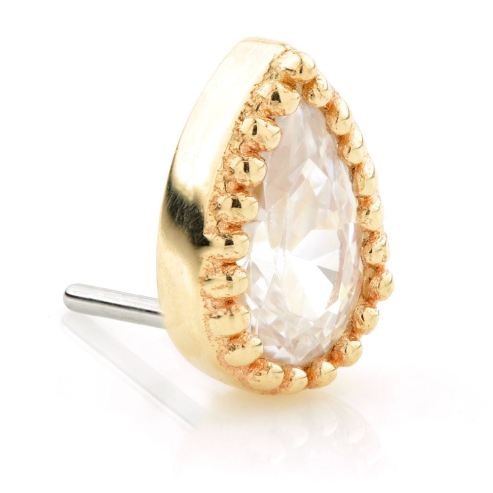 TL - 14ct Threadless Gold Millegrained Pear Gem Pin Attachment